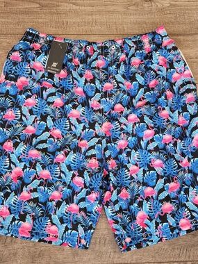 NWT FT Fenteng Beach Pants Swim Trunks Blue With Pink Flamingo Size XL